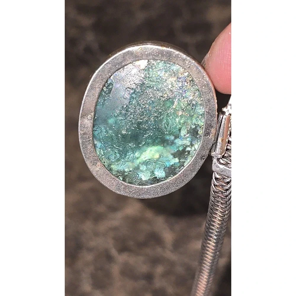 925 Sterling Silver Iridescent Roman Glass Style Pendant Necklace Green Artisan